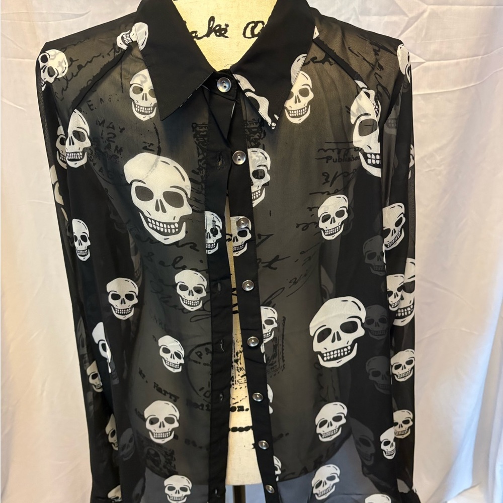 Halloween Sheer Black Skull-Print Button-Up Blouse